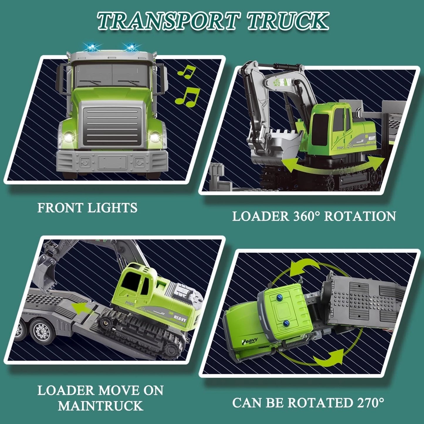 Rc Semi Truck & Excavator Toy Set!:12 Rc Sem-Traler Truck with Sound and lights,2.4Ghz Remote Control Flatbed Truck with Gren Excavator Toys remoto