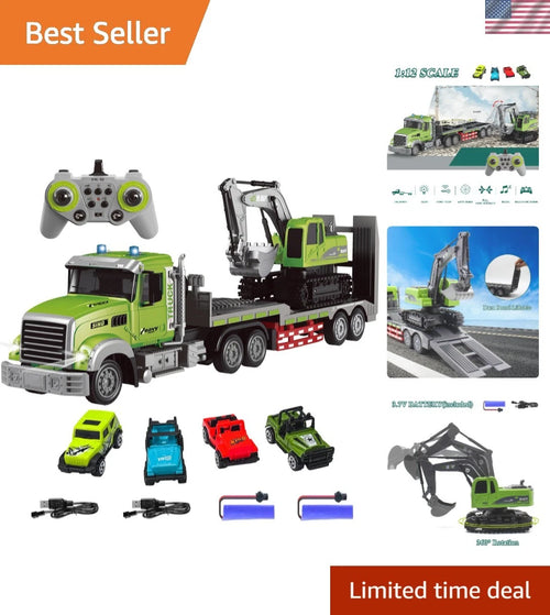 Rc Semi Truck & Excavator Toy Set!:12 Rc Sem-Traler Truck with Sound and lights,2.4Ghz Remote Control Flatbed Truck with Gren Excavator Toys remoto