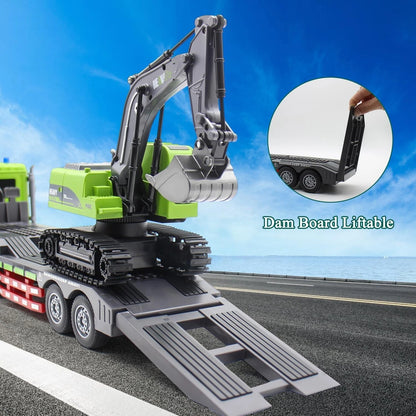 Rc Semi Truck & Excavator Toy Set!:12 Rc Sem-Traler Truck with Sound and lights,2.4Ghz Remote Control Flatbed Truck with Gren Excavator Toys remoto