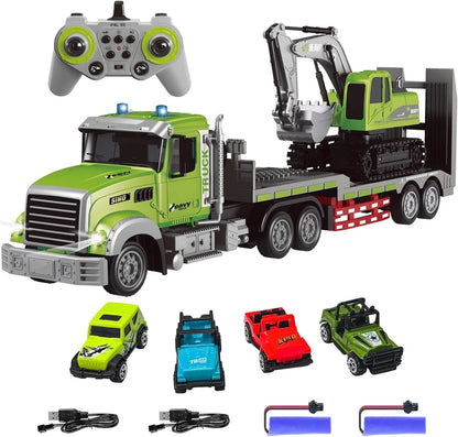 Rc Semi Truck & Excavator Toy Set!:12 Rc Sem-Traler Truck with Sound and lights,2.4Ghz Remote Control Flatbed Truck with Gren Excavator Toys remoto