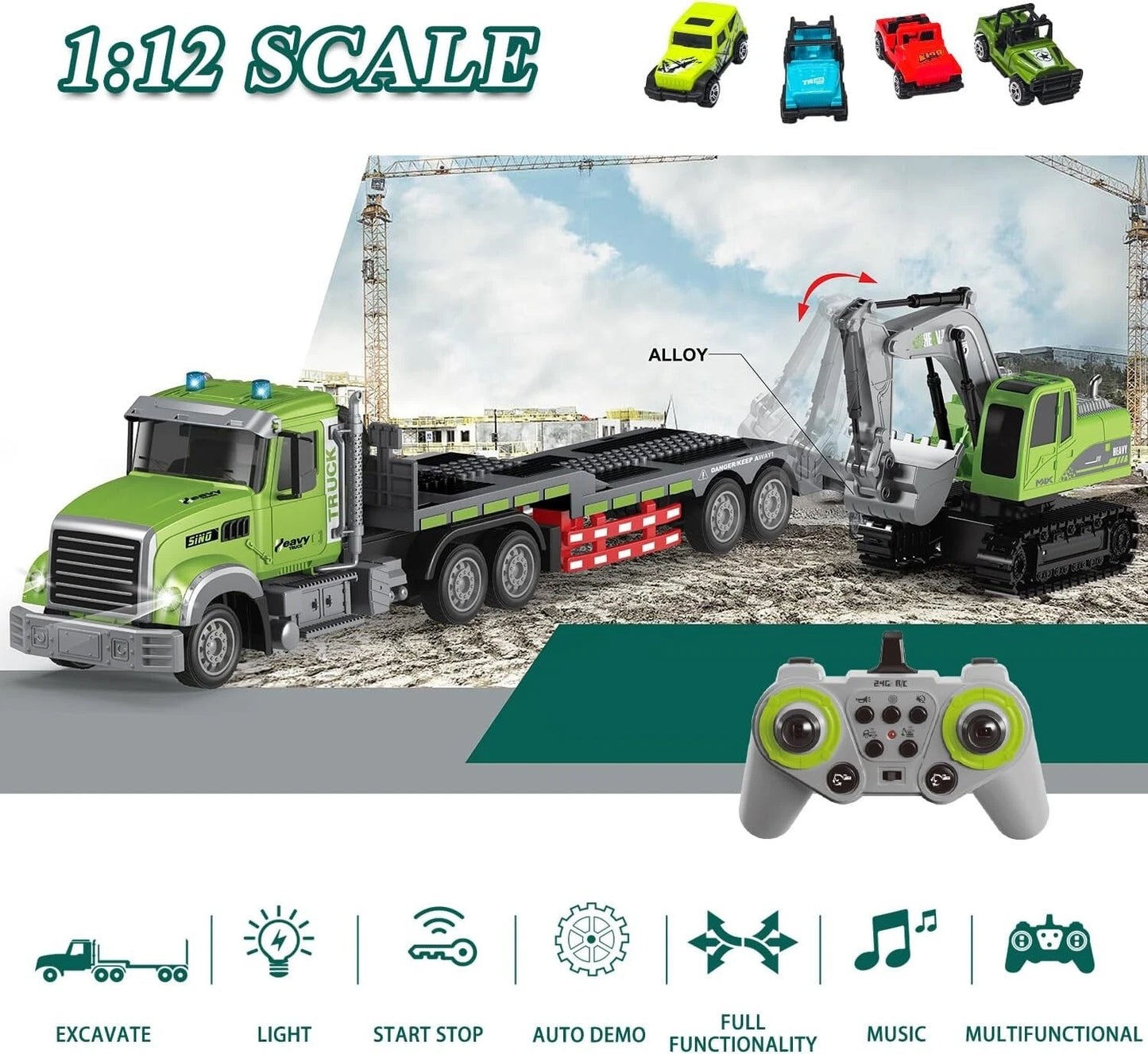 Rc Semi Truck & Excavator Toy Set!:12 Rc Sem-Traler Truck with Sound and lights,2.4Ghz Remote Control Flatbed Truck with Gren Excavator Toys remoto